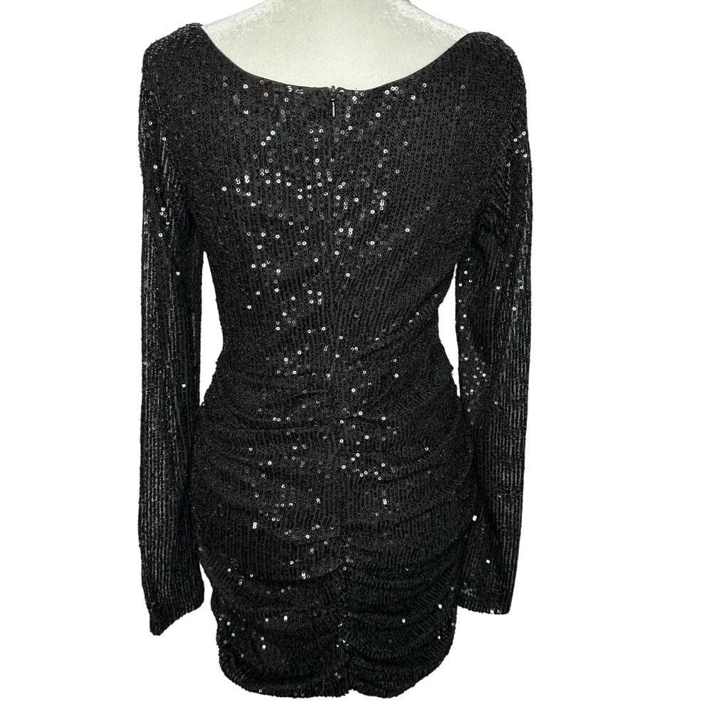 Hello Molly Black Sequin Posted Long Sleeve Ruched Party Cocktail Dress 6 Medium - Picture 10 of 13
